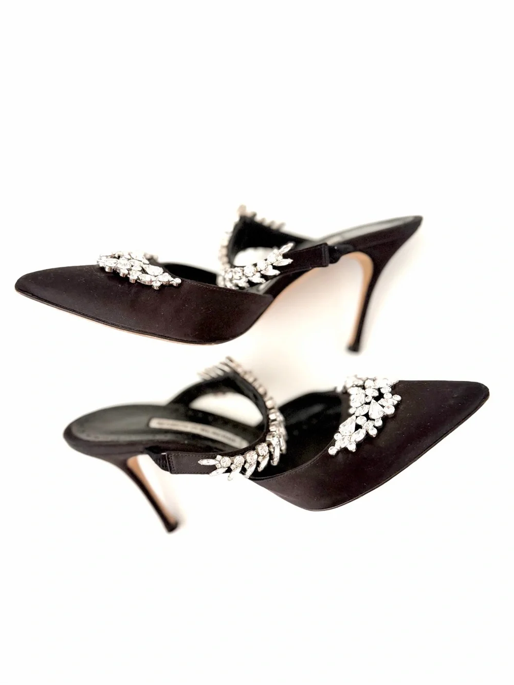 MANOLO BLAHNIK | Lurum Black Satin Crystal Embellished Mule Heels EU 37